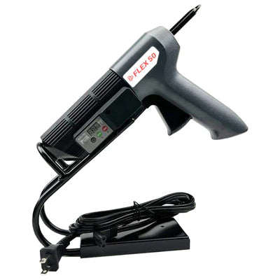 Infinity Bond FLEX 50 PUR Hot Melt Applicator resting on a precision-fit black metal stand with coiled power cord.