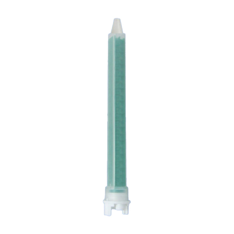 Green Infinity Bond MFQ-10-24T static mixer nozzle with stepped tip, designed for 200ml, 400ml, and 600ml F System cartridges