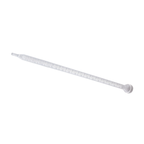 Infinity Bond 160-632 clear plastic housing static mixer nozzle with bell inlet and slip luer outlet for 1:1 and 2:1 two-part adhesive dispensing.