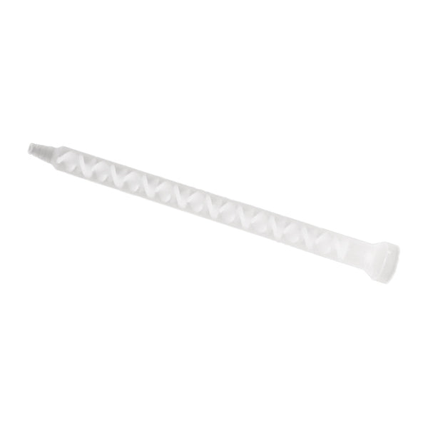 Infinity Bond 160-818 static mixer featuring a bell inlet and stepped tip, constructed with a clear plastic housing and 18 internal mixing elements.