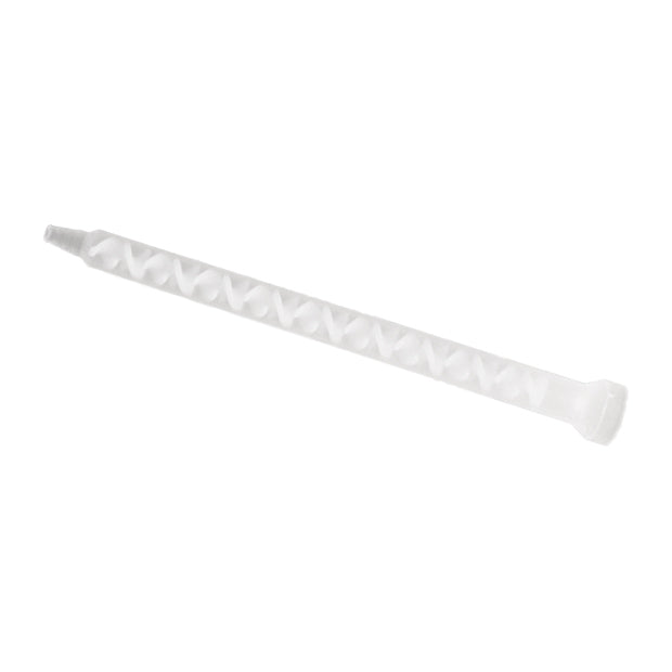 Infinity Bond 160-818 static mixer featuring a bell inlet and stepped tip, constructed with a clear plastic housing and 18 internal mixing elements.