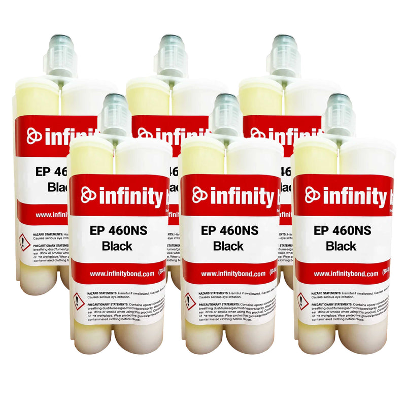 Group of six 400ml Infinity Bond EP 460NS Black epoxy adhesive cartridges designed for high-strength bonding tasks.