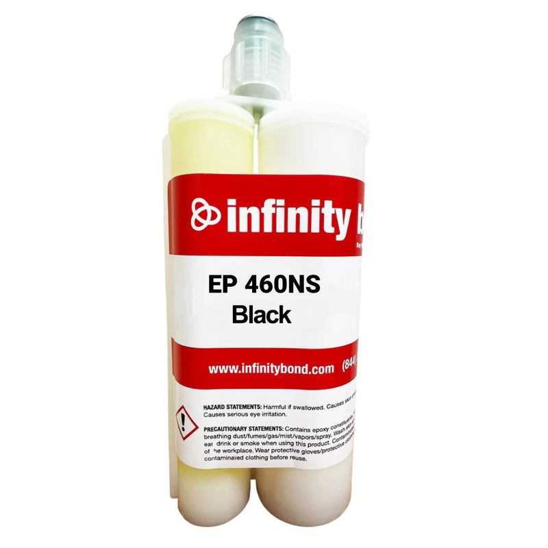 Infinity Bond EP 460NS Black 400ml dual-barrel epoxy adhesive cartridge with front-facing label and mixing nozzle port.