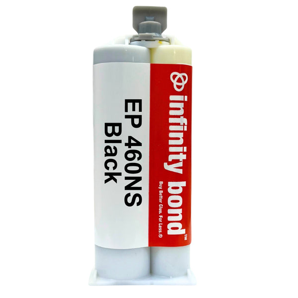 Infinity Bond EP 460NS Black epoxy adhesive in 50ml cartridge with dual plungers and labeled side-by-side design.