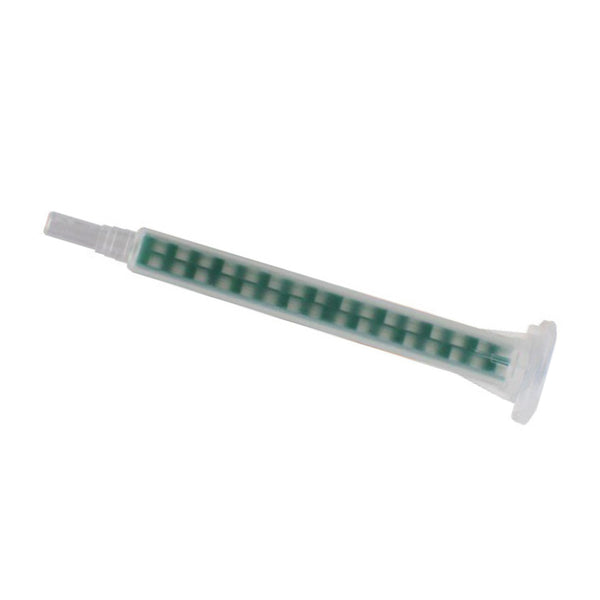 Infinity Bond MAQ 05-16L static mixer nozzle with bayonet inlet and Luer Lock outlet, featuring 16 green mixing elements in a clear Quadro housing.