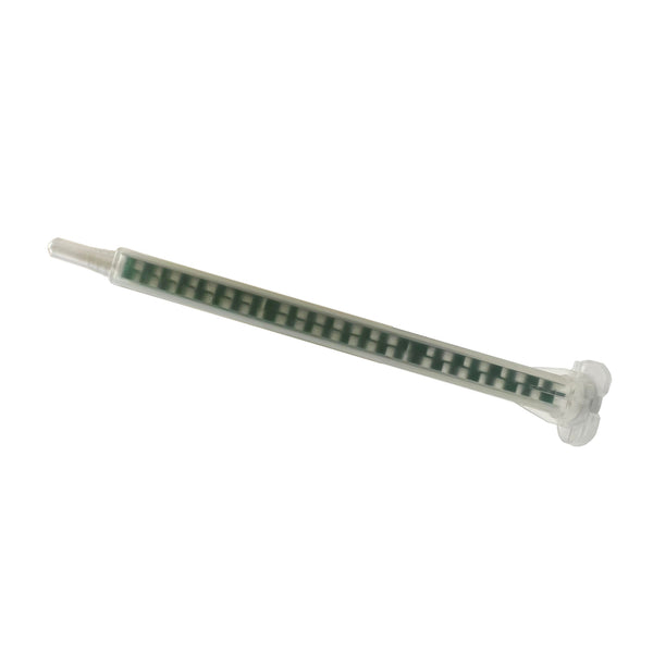Infinity Bond MAQ 05-24L static mixer nozzle with bayonet-style inlet and Luer Lock outlet, featuring a clear Quadro body and 24 mixing elements.