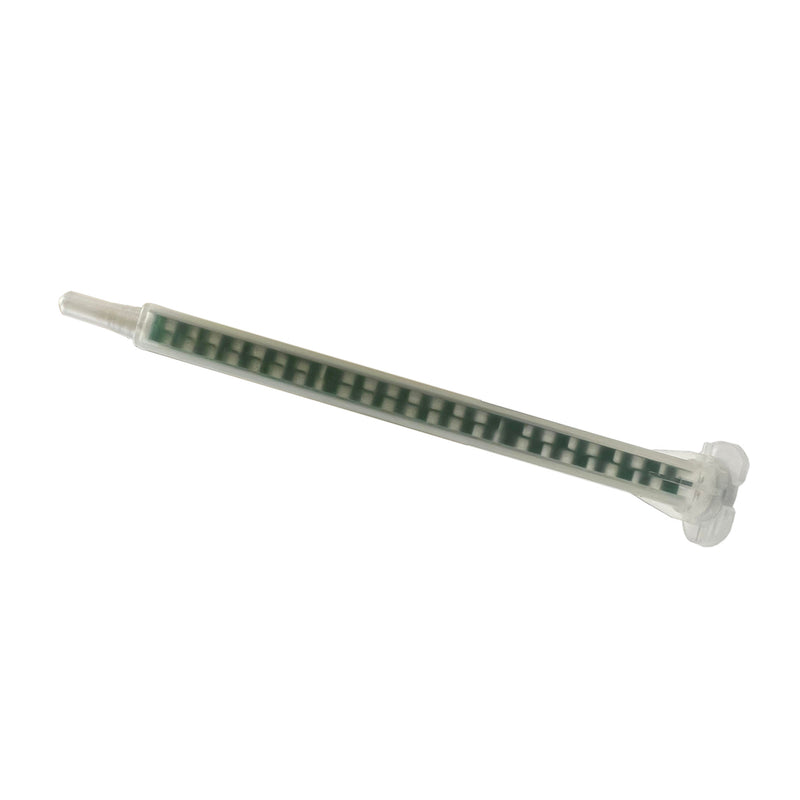Infinity Bond MAQ 05-24L static mixer nozzle with bayonet-style inlet and Luer Lock outlet, featuring a clear Quadro body and 24 mixing elements.