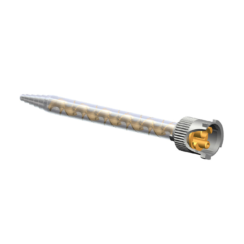 Infinity Bond MBHX-05-20T Static mixer with translucent plastic housing, B-Connect twist-lock inlet, and stepped tip for 4:1 and 10:1 ratio adhesive dispensing.
