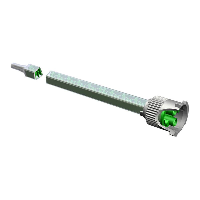 Infinity Bond MBQ-05-24L static mixer with translucent plastic housing, B-Connect inlet, and detachable luer lock tip for 1:1 and 2:1 MMA adhesive applications.