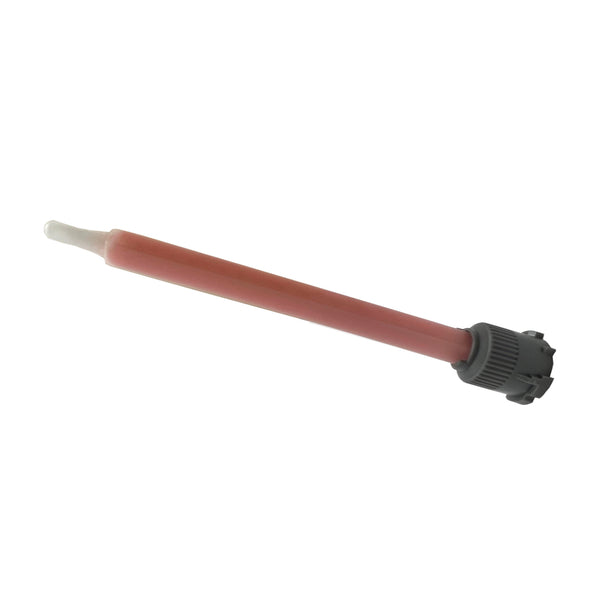 Infinity Bond MBQX 05-24L static mixer nozzle with twist lock inlet and Luer Lock outlet, featuring red Quadro body and 24 mixing elements.