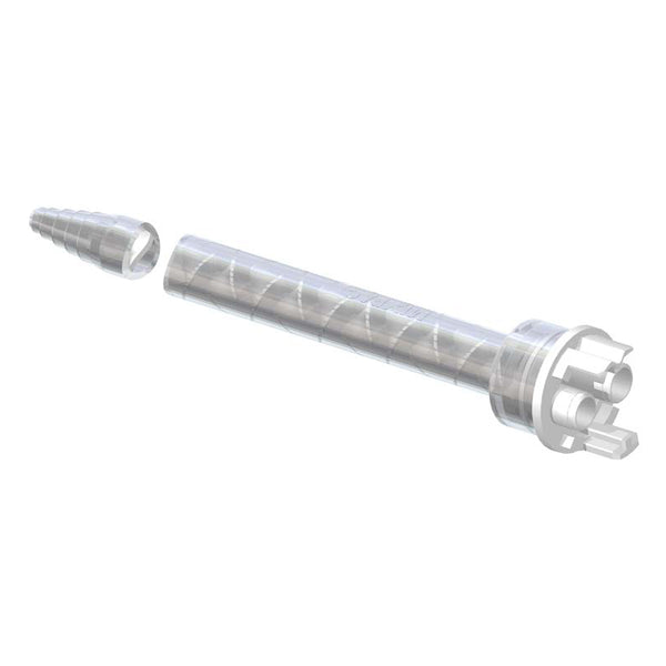 Infinity Bond MFH-08-18T clear plastic housing static mixer nozzle with F-Connect inlet and detached stepped tip for two-part adhesive dispensing.