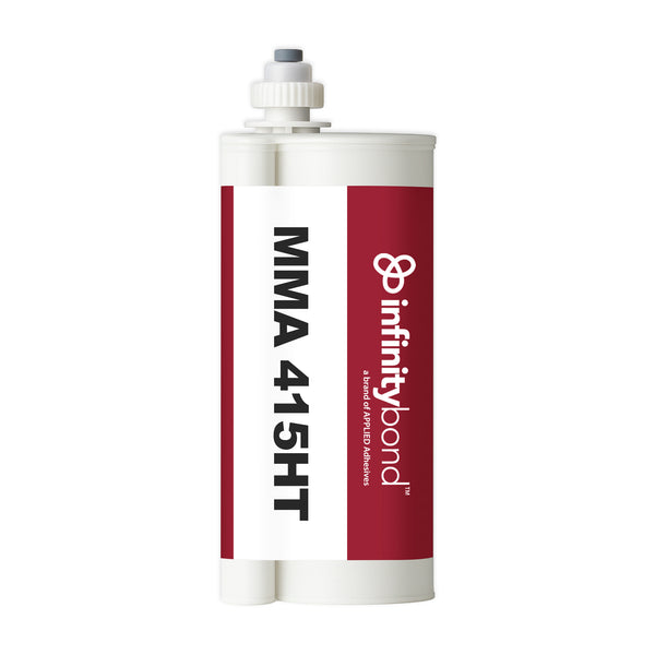 490 ml Cartridge of Infinity Bond MMA 415HT – 10:1 structural adhesive, 13–20 min work time, bonds metals and plastics