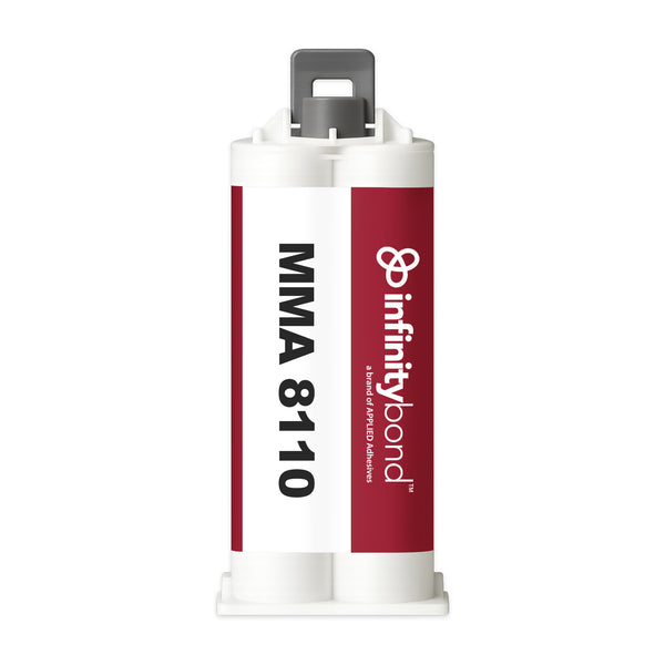 Infinity Bond MMA 8110 50 ml Cartridge – 10:1 gray adhesive, 8–12 min work time, bonds steel, aluminum, FRP, and plastics