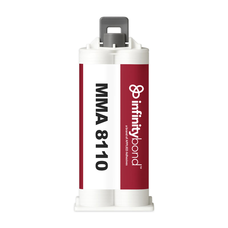 Infinity Bond MMA 8110 50 ml Cartridge – 10:1 gray adhesive, 8–12 min work time, bonds steel, aluminum, FRP, and plastics