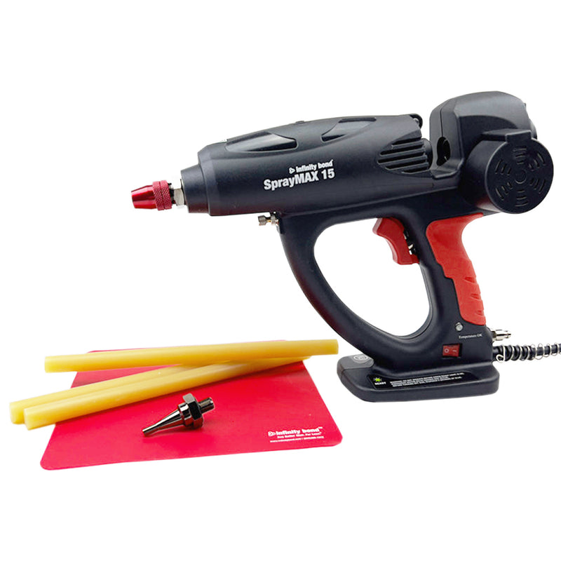 Infinity Bond SprayMAX 15 Hot melt Glue gun with silicone drip mat, 5/8" glue sticks and bead nozzle attachment